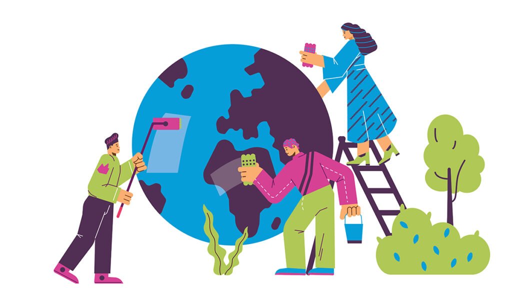 Community members working together to build a sustainable structure in a developing region.