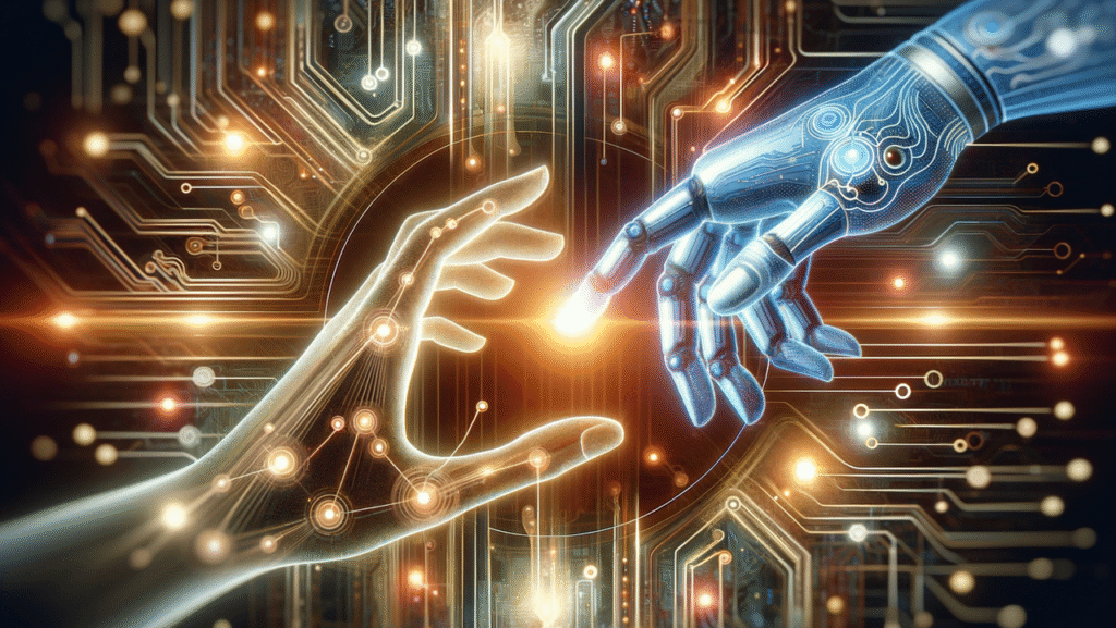 Ethical AI concept showing scales of justice between human hands and computer circuits with diverse people in background.