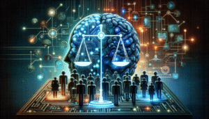 Ethical AI concept showing scales of justice between human hands and computer circuits with diverse people in background.
