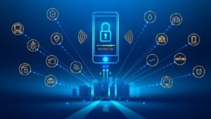 Diagram showing the three layers of IoT security: Device (hardware/firmware), Network (communication), and Cloud (data/applications).