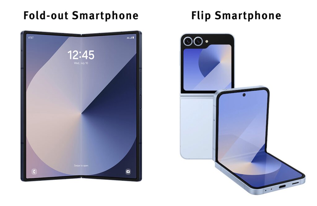 A composite image showing the different form factors of foldable phones including book-style, flip-style, and rollable concepts.