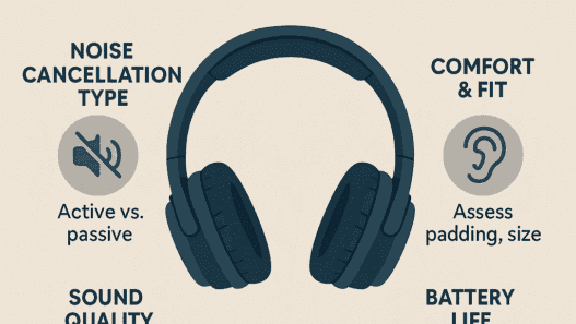 A detailed diagram showing the process of active noise cancellation, from external noise being captured by a microphone to the anti-noise wave being generated by the headphone's processor.