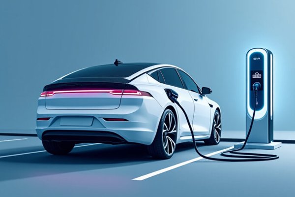 A labeled diagram of an electric car cutaway, highlighting the key components: the large battery pack, electric motor, power electronics controller, and onboard charger.