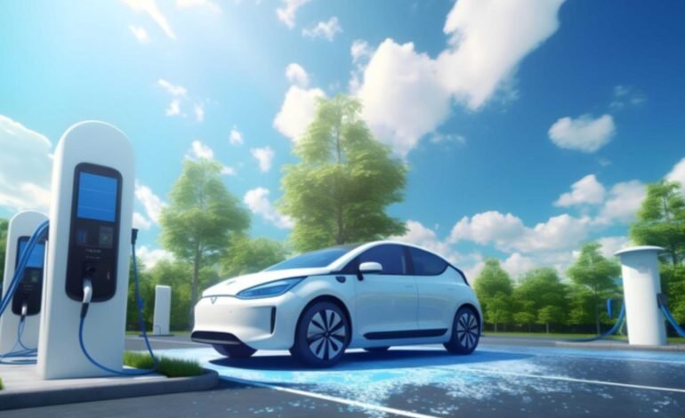 A labeled diagram of an electric car cutaway, highlighting the key components: the large battery pack, electric motor, power electronics controller, and onboard charger.