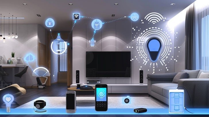 A detailed architecture diagram showing how various smart home devices (lights, thermostat, camera) connect to a central hub and are controlled via a smartphone app and voice assistants.