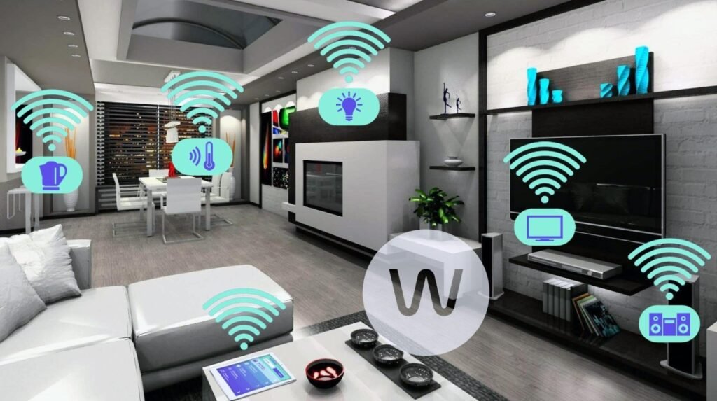 A detailed architecture diagram showing how various smart home devices (lights, thermostat, camera) connect to a central hub and are controlled via a smartphone app and voice assistants.