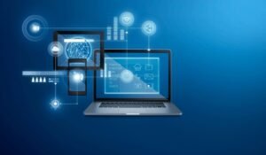 A diagram of a modern home with invisible waves connecting various devices like lights, thermostat, speaker, and fridge, all orchestrated by a central AI.