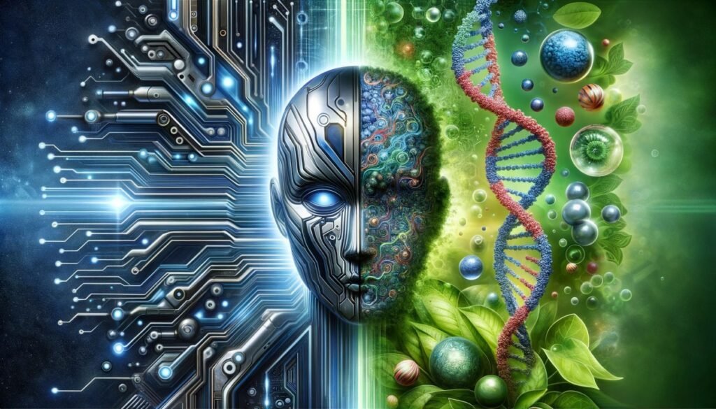 A conceptual image showing a DNA double helix transforming into glowing, circuit-like pathways, symbolizing the merger of biology and digital technology.
