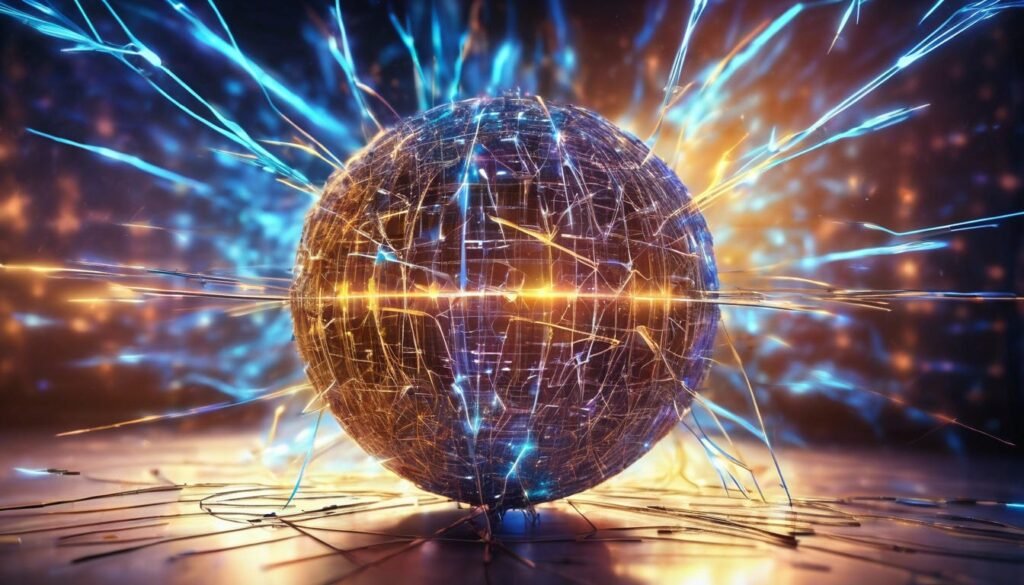 A conceptual diagram illustrating a qubit in superposition (a blurred sphere in multiple states) versus a classical bit (a clear sphere in a 0 or 1 state).