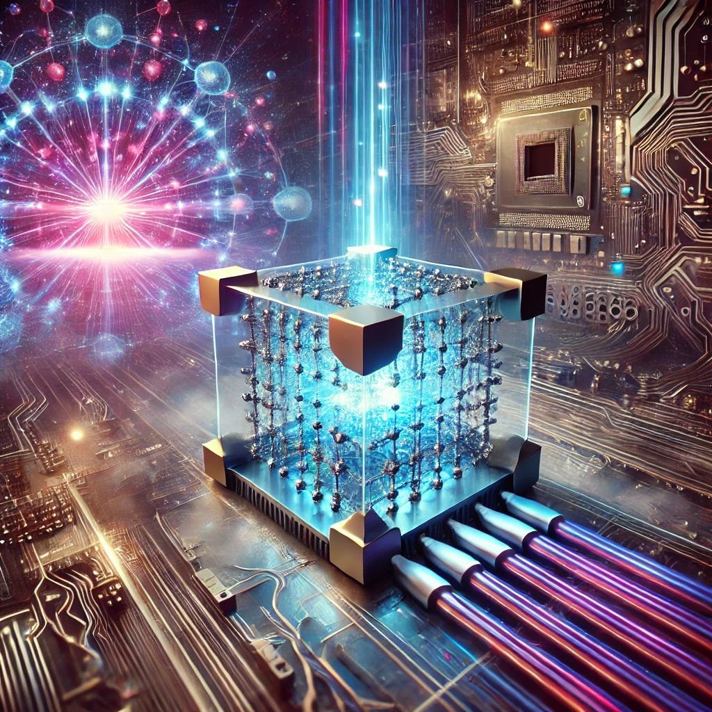 A conceptual diagram illustrating a qubit in superposition (a blurred sphere in multiple states) versus a classical bit (a clear sphere in a 0 or 1 state).