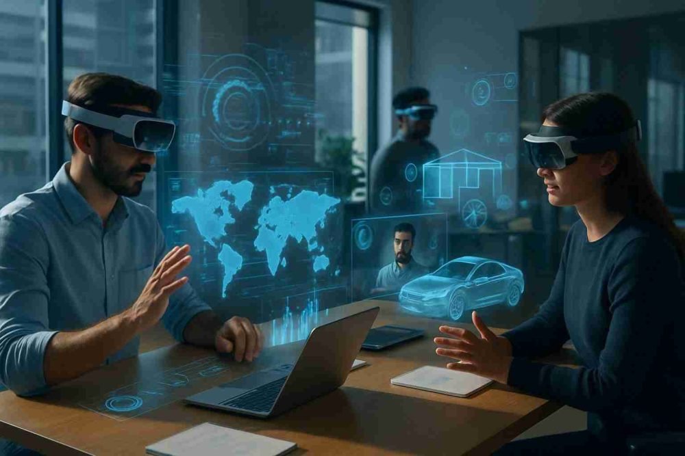 A person wearing sleek AR glasses, seeing digital graphs and data floating in the air over a physical manufacturing machine.