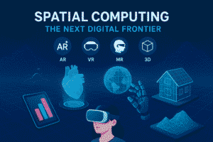 A person wearing sleek AR glasses, seeing digital graphs and data floating in the air over a physical manufacturing machine.