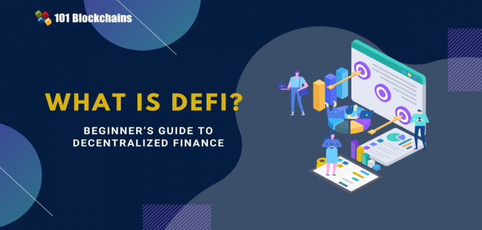 Infographic illustrating the components of the decentralized finance (DeFi) ecosystem including lending, borrowing, and DEXs.