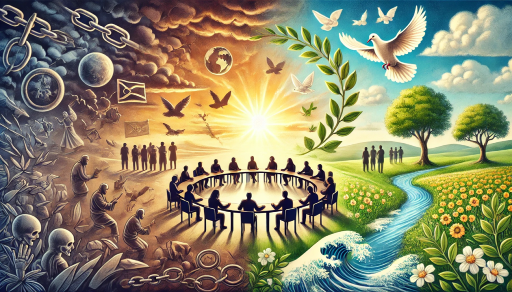 A diverse group of community elders, women, and youth sitting together under a tree, engaged in discussion with a facilitator.