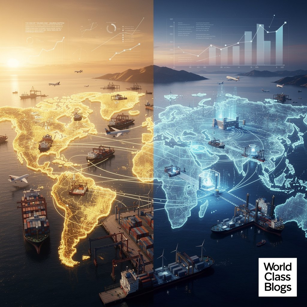 A two-panel infographic comparing the old model of globalized, efficiency-focused supply chains against the new model of regionalized, resilient, and secure trade networks.