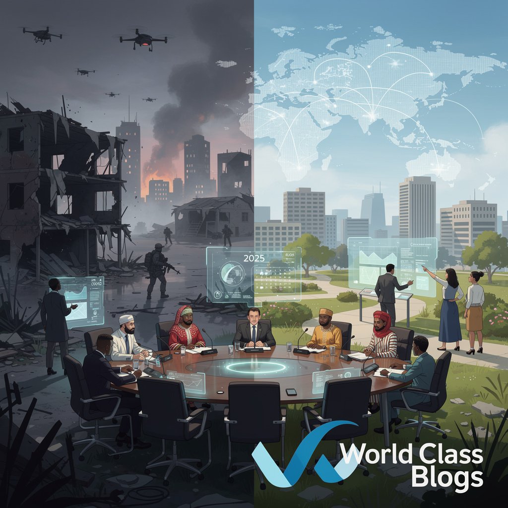 An infographic map showing how state militaries, proxy groups, private companies, diaspora networks, and climatic stressors interact to fuel contemporary wars.