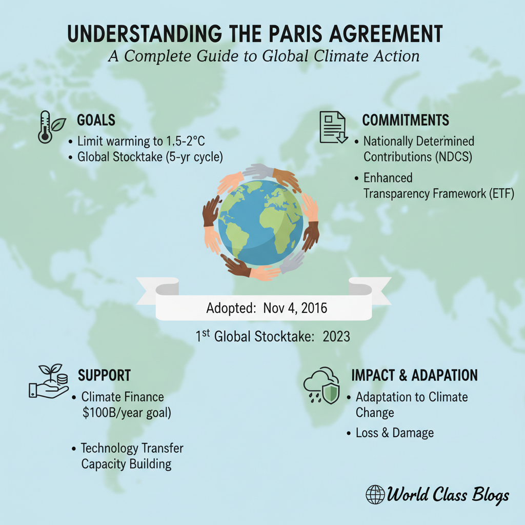 Infographic explaining Paris Agreement mechanisms including NDCs, Global Stocktake, and ratchet mechanism