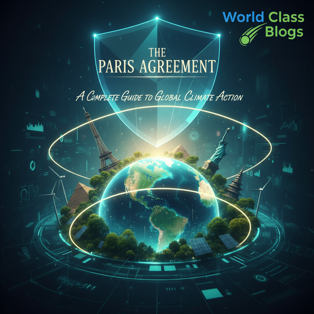 Infographic explaining Paris Agreement mechanisms including NDCs, Global Stocktake, and ratchet mechanism