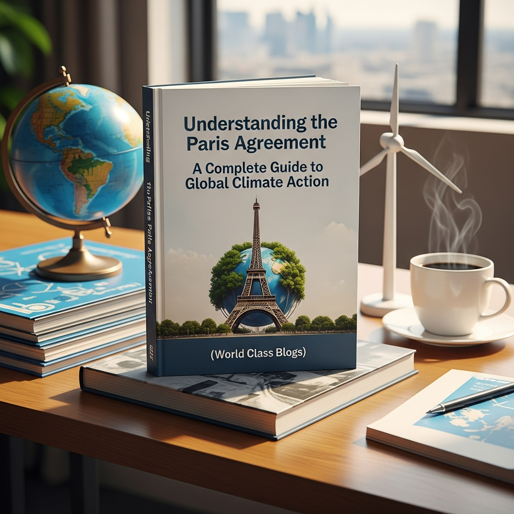 Infographic explaining Paris Agreement mechanisms including NDCs, Global Stocktake, and ratchet mechanism