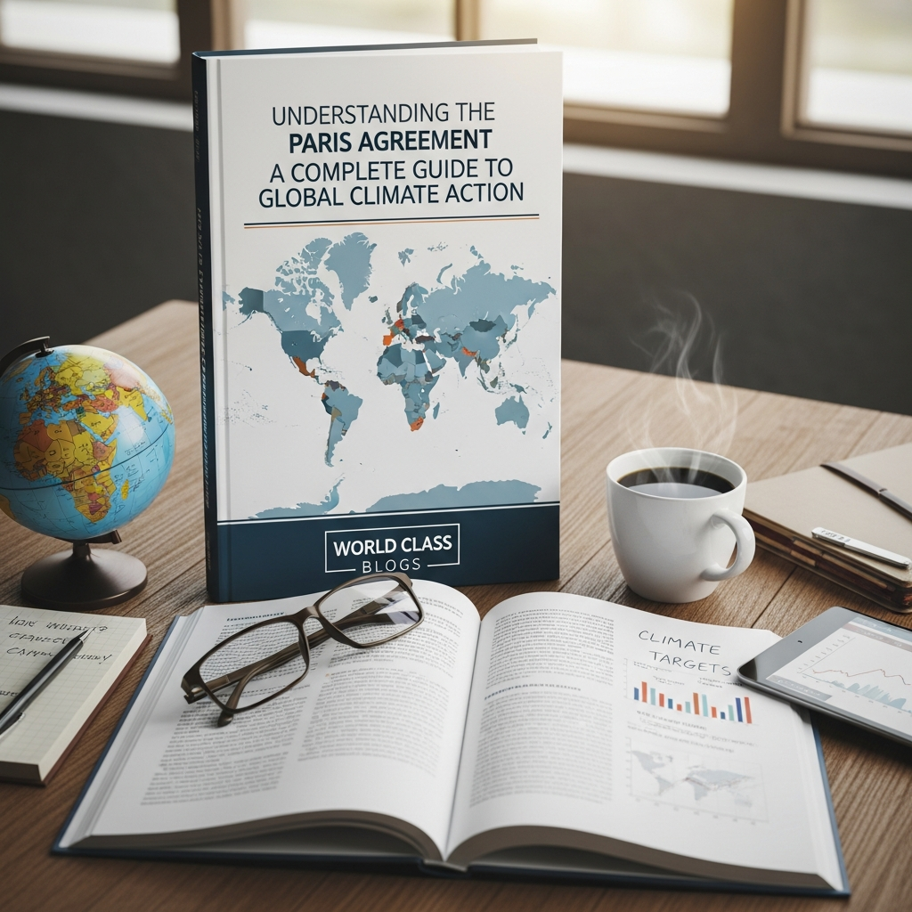 Infographic explaining Paris Agreement mechanisms including NDCs, Global Stocktake, and ratchet mechanism