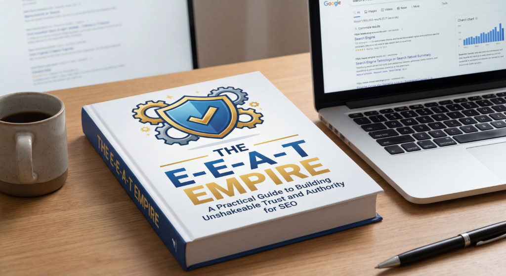 An infographic illustrating the four pillars of E-E-A-T as columns supporting a "High-Quality Website" structure. The Experience pillar shows an icon of a person with a tool, Expertise shows a diploma, Authoritativeness shows a trophy, and Trustworthiness shows a shield.