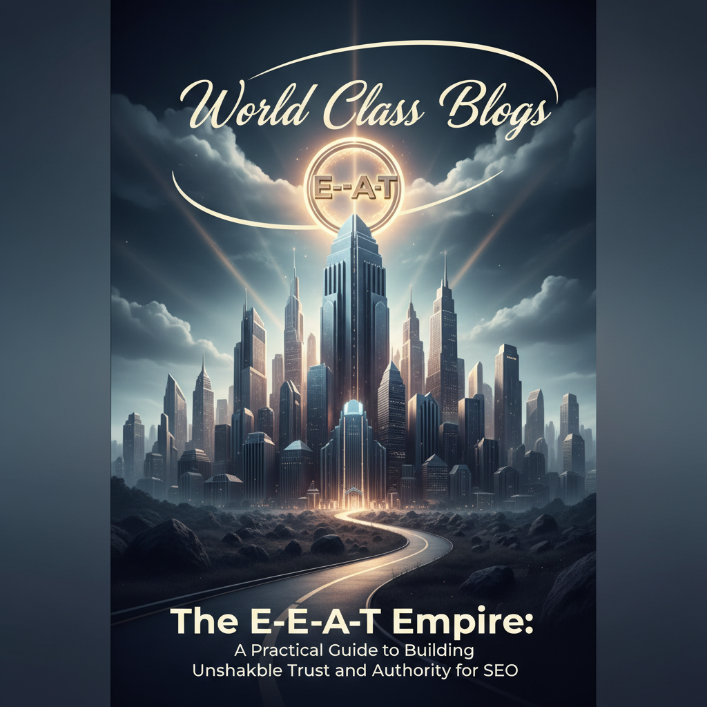 An infographic illustrating the four pillars of E-E-A-T as columns supporting a "High-Quality Website" structure. The Experience pillar shows an icon of a person with a tool, Expertise shows a diploma, Authoritativeness shows a trophy, and Trustworthiness shows a shield.