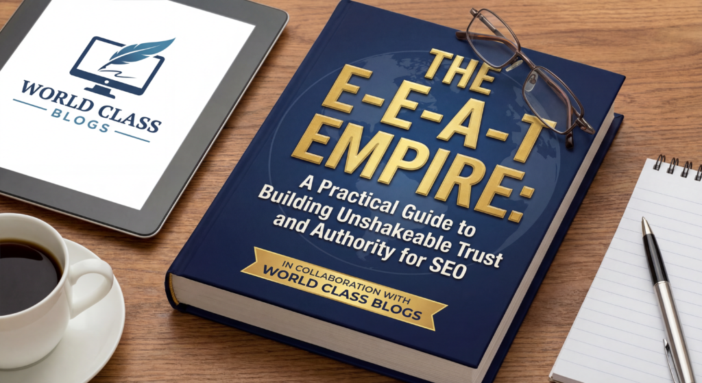 An infographic illustrating the four pillars of E-E-A-T as columns supporting a "High-Quality Website" structure. The Experience pillar shows an icon of a person with a tool, Expertise shows a diploma, Authoritativeness shows a trophy, and Trustworthiness shows a shield.