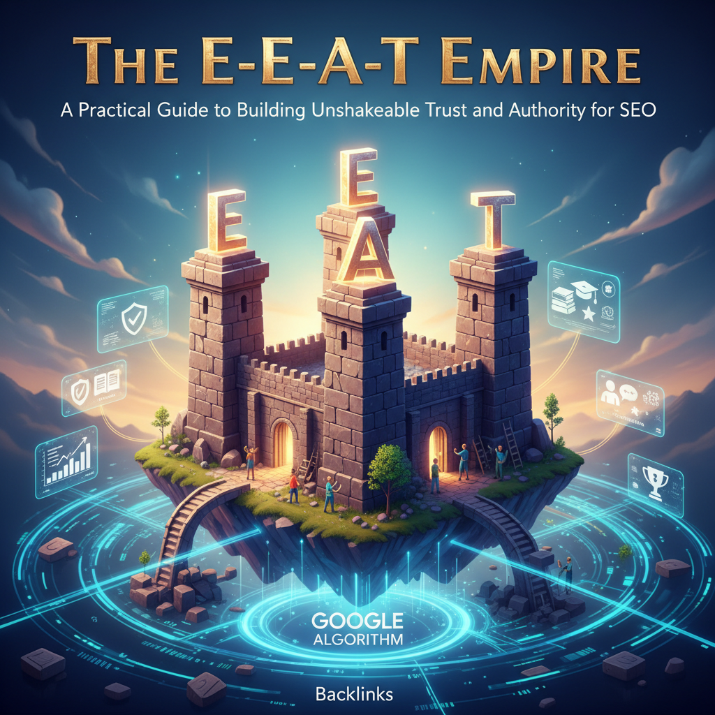 An infographic illustrating the four pillars of E-E-A-T as columns supporting a "High-Quality Website" structure. The Experience pillar shows an icon of a person with a tool, Expertise shows a diploma, Authoritativeness shows a trophy, and Trustworthiness shows a shield.