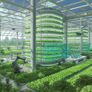 Diagram showing satellite, drone, and in-ground sensors collecting data, flowing to a cloud/AI brain, which sends prescriptions to smart tractors, irrigation, and robotics.