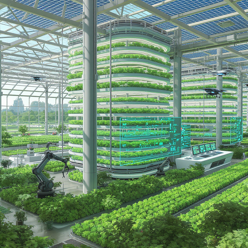 Diagram showing satellite, drone, and in-ground sensors collecting data, flowing to a cloud/AI brain, which sends prescriptions to smart tractors, irrigation, and robotics.