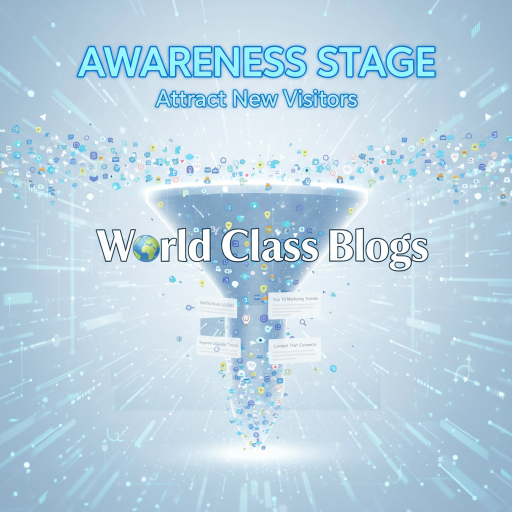 A three-column comparison table detailing the goals, keywords, content formats, and calls-to-action for Top of Funnel, Middle of Funnel, and Bottom of Funnel content.