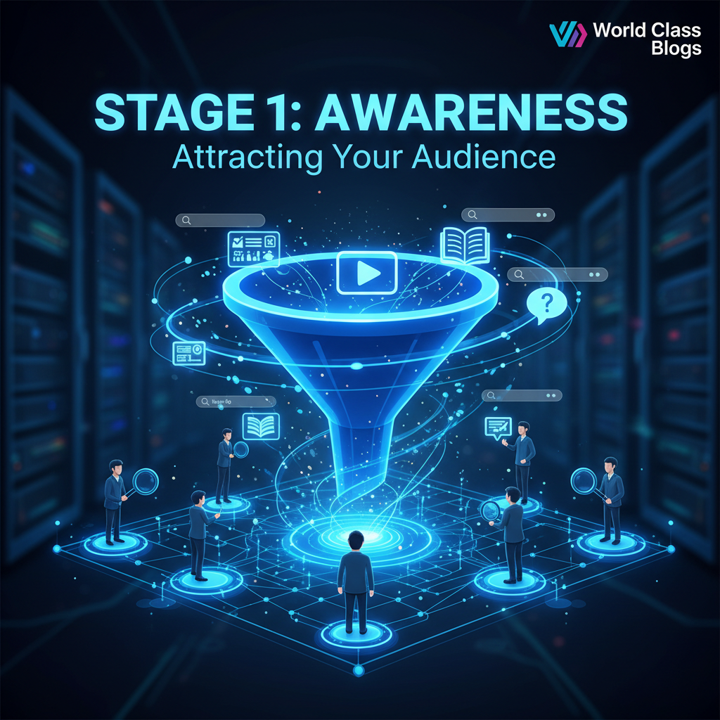 A three-column comparison table detailing the goals, keywords, content formats, and calls-to-action for Top of Funnel, Middle of Funnel, and Bottom of Funnel content.