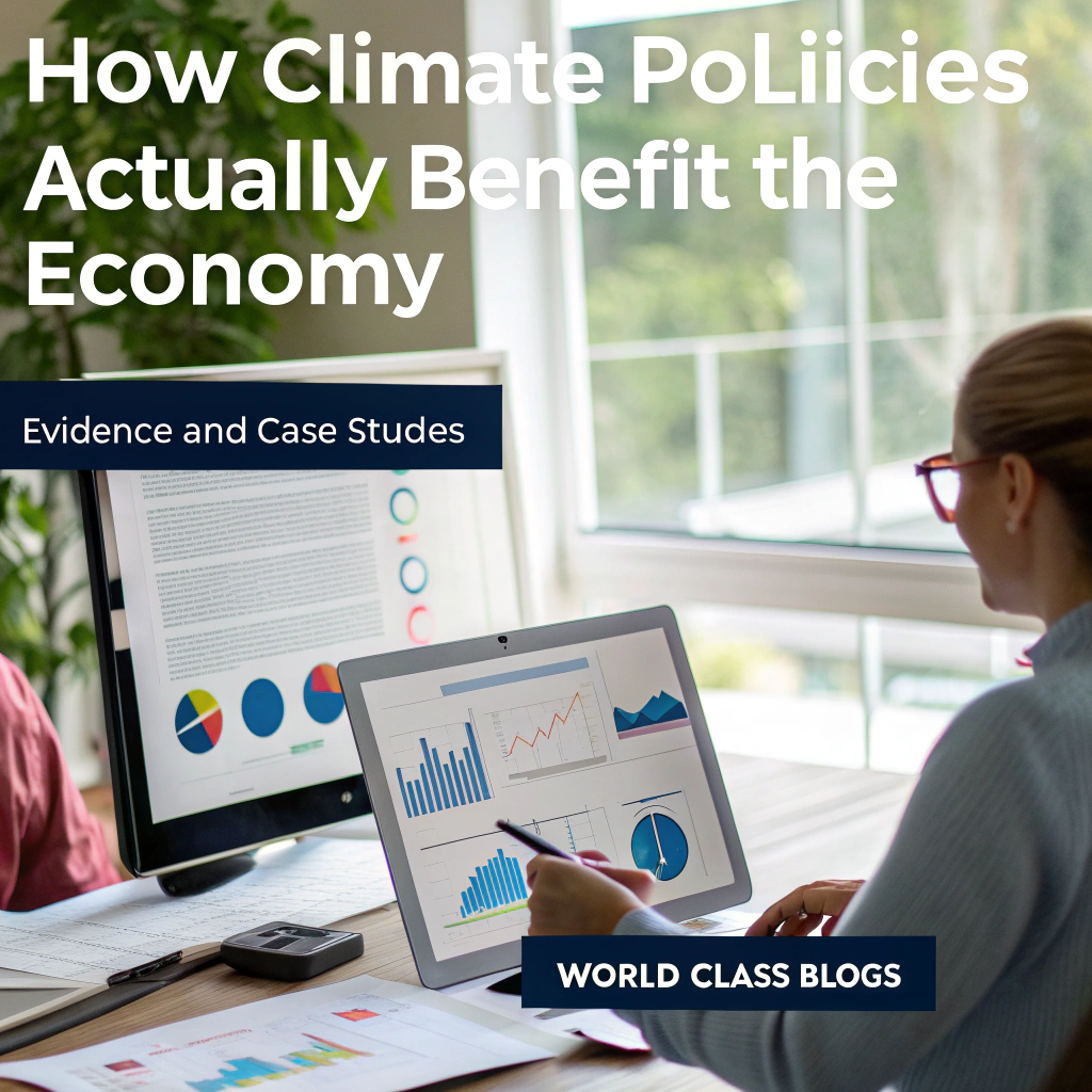 Visualization showing direct and indirect economic benefits of climate policies including innovation, health, jobs, and energy security