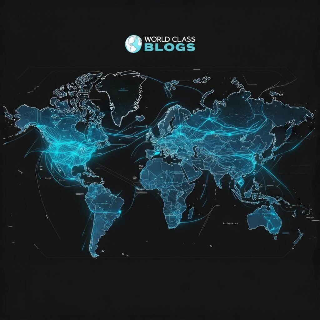 World map visualization showing national AI investment levels, regulatory approaches, and strategic alliances in the global technology competition