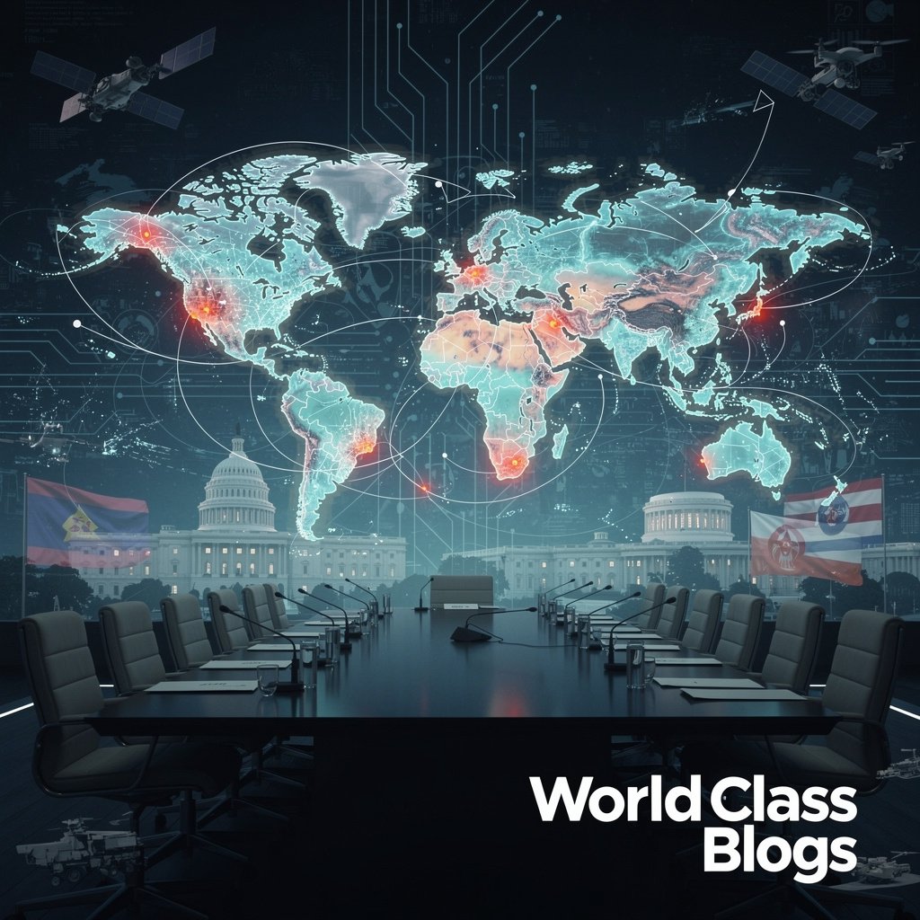 A conceptual world map graphic showing connections between major global powers, with icons for semiconductors, data centers, and military drones, representing the AI arms race.