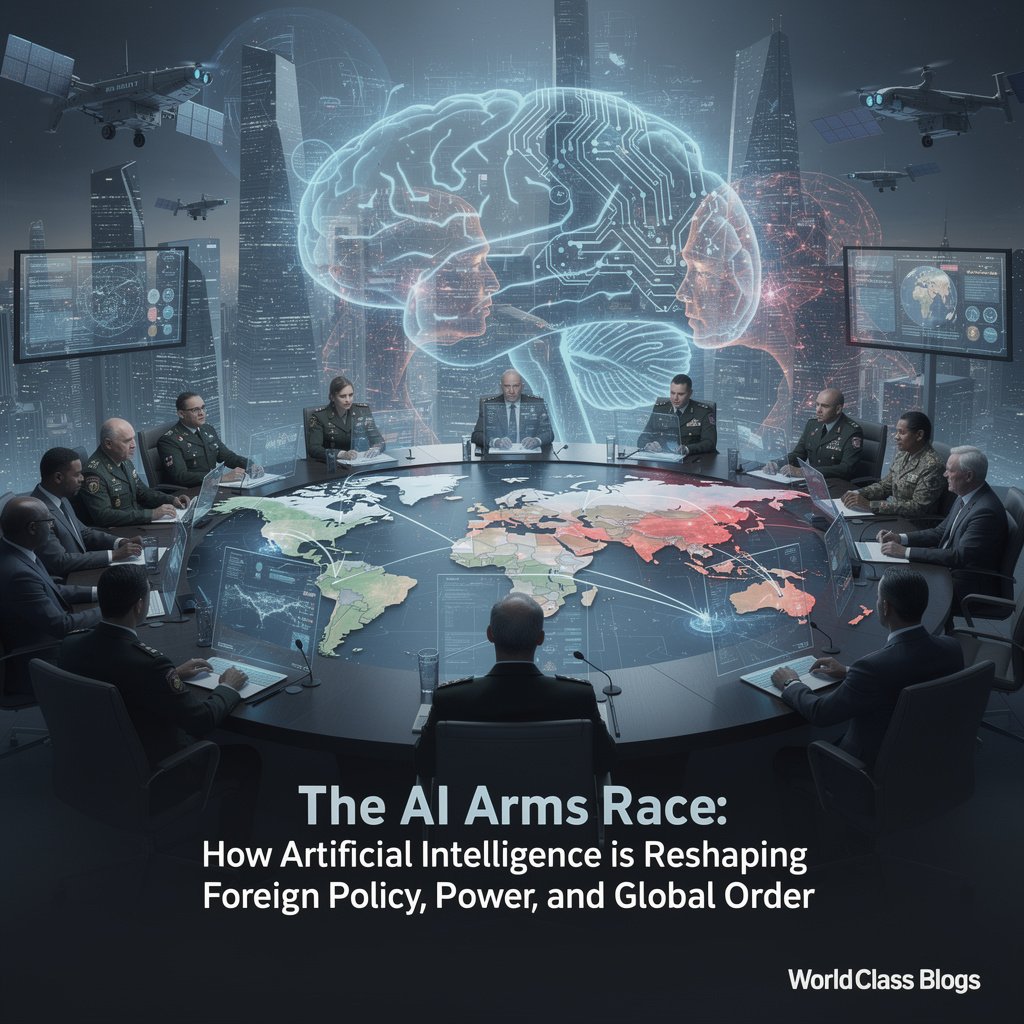 A conceptual world map graphic showing connections between major global powers, with icons for semiconductors, data centers, and military drones, representing the AI arms race.
