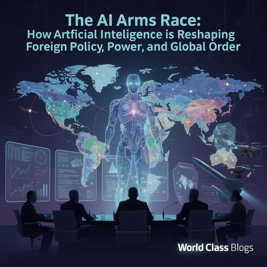 A conceptual world map graphic showing connections between major global powers, with icons for semiconductors, data centers, and military drones, representing the AI arms race.