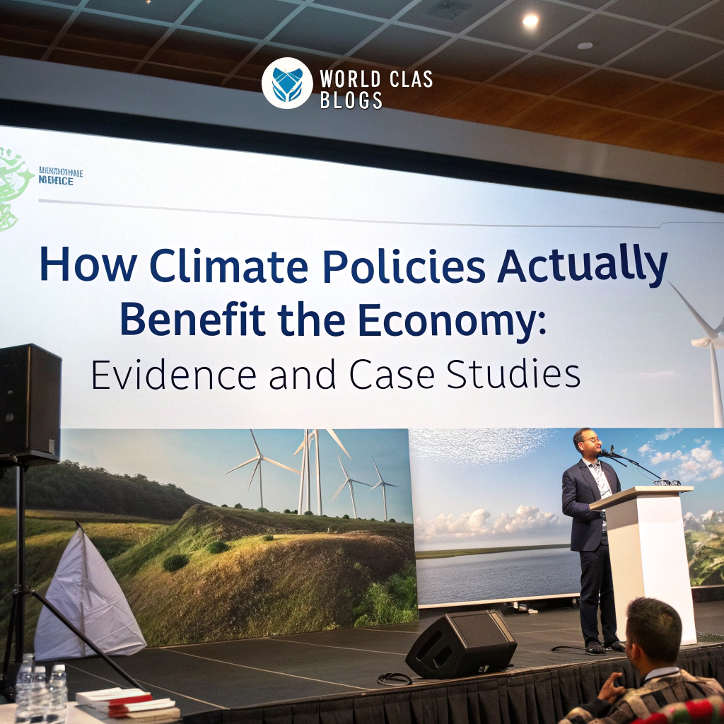 Visualization showing direct and indirect economic benefits of climate policies including innovation, health, jobs, and energy security