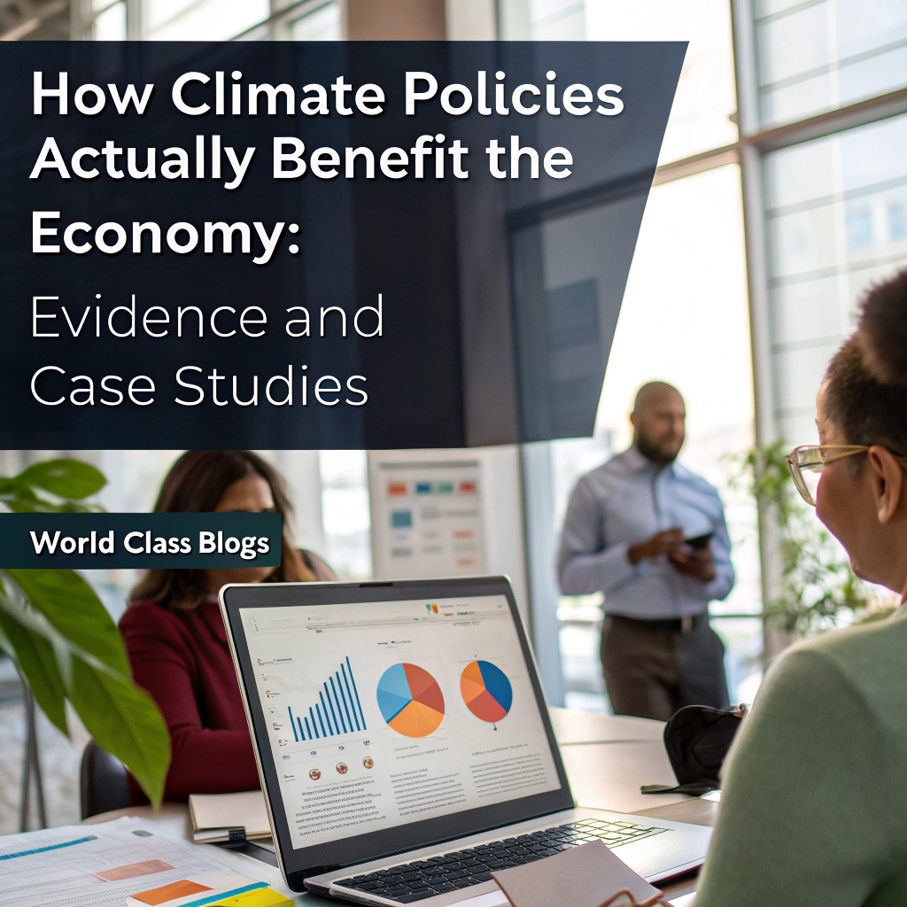 Visualization showing direct and indirect economic benefits of climate policies including innovation, health, jobs, and energy security
