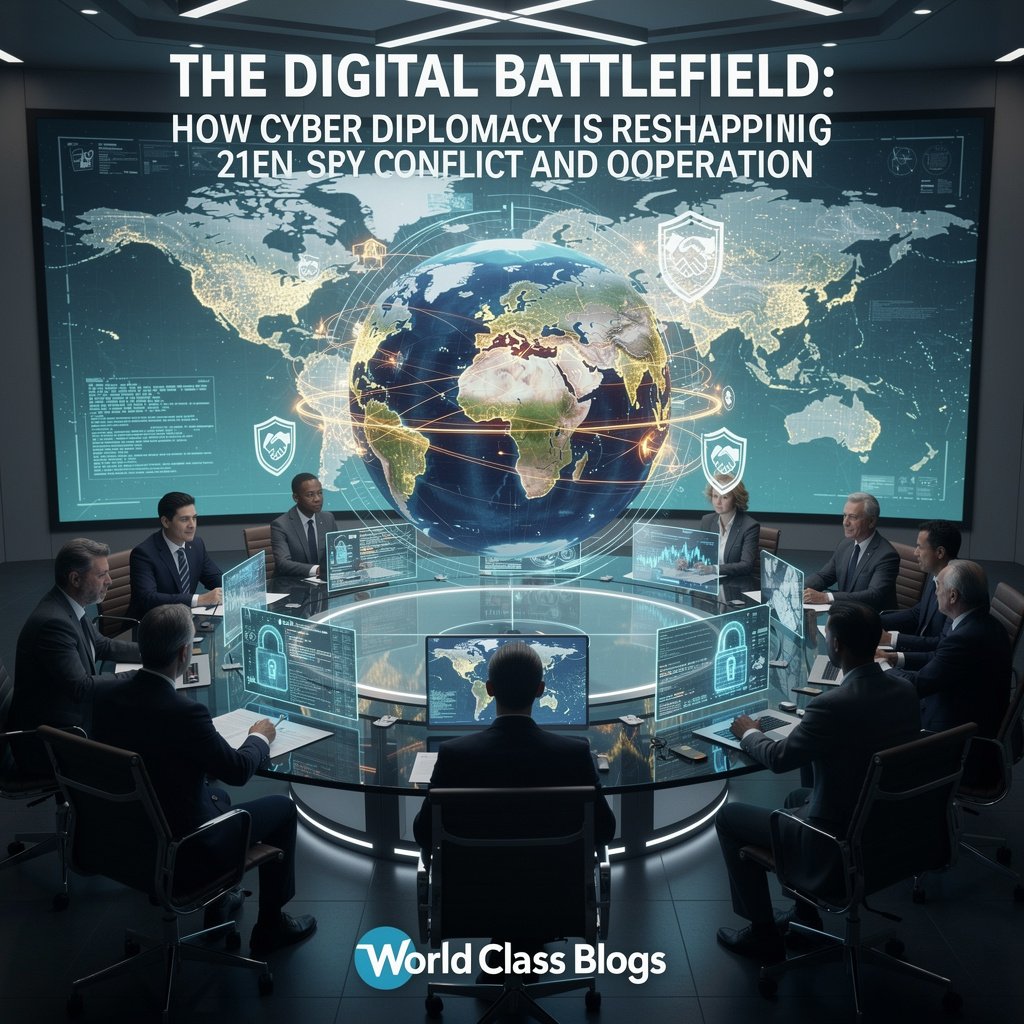 Timeline showing evolution of cyber diplomacy from 1990s to present with key events like Estonia attacks, Stuxnet, UN negotiations, and recent AI governance discussions