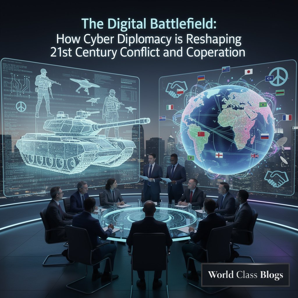 Timeline showing evolution of cyber diplomacy from 1990s to present with key events like Estonia attacks, Stuxnet, UN negotiations, and recent AI governance discussions