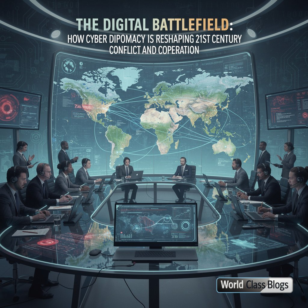Timeline showing evolution of cyber diplomacy from 1990s to present with key events like Estonia attacks, Stuxnet, UN negotiations, and recent AI governance discussions