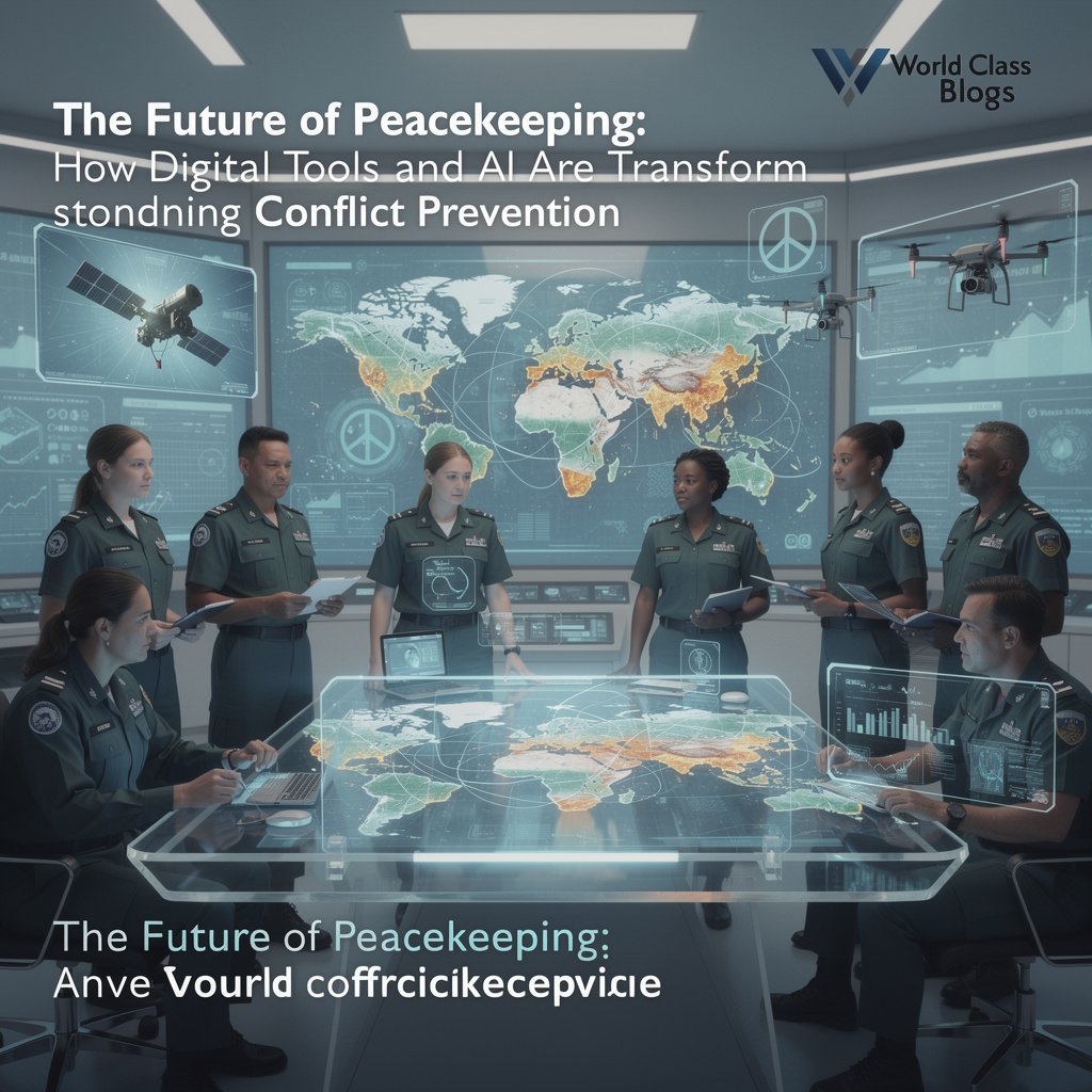 An interconnected graphic showing icons for satellites, drones, social media, ground sensors, and patrol tablets feeding into a central "Data Fusion & AI" hub, which outputs to maps, alerts, and peacekeeper tablets.