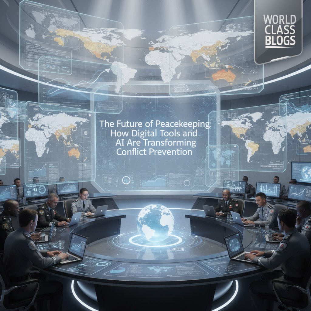 An interconnected graphic showing icons for satellites, drones, social media, ground sensors, and patrol tablets feeding into a central "Data Fusion & AI" hub, which outputs to maps, alerts, and peacekeeper tablets.