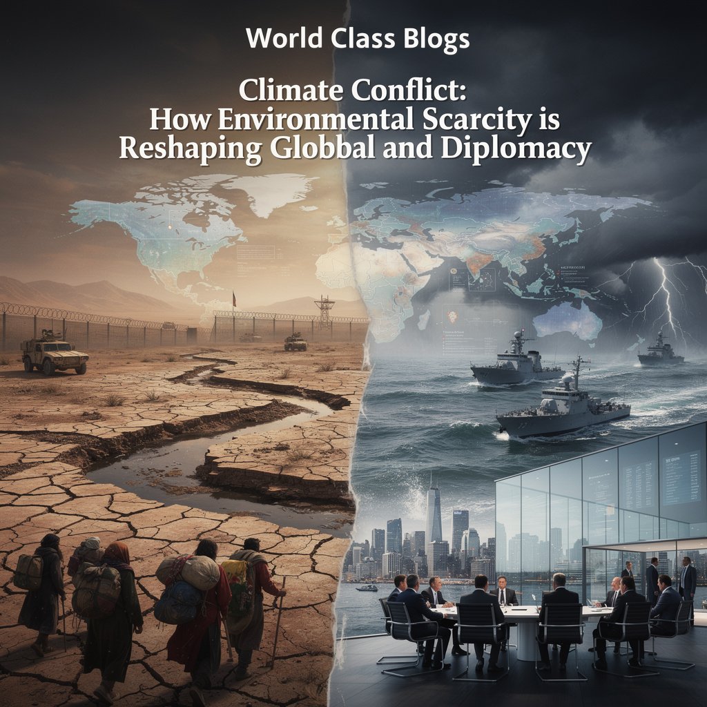 Flowchart diagram showing how climate drivers like drought lead to resource scarcity, displacement, and weakened governance, which can result in either peaceful adaptation or violent conflict depending on institutional capacity.