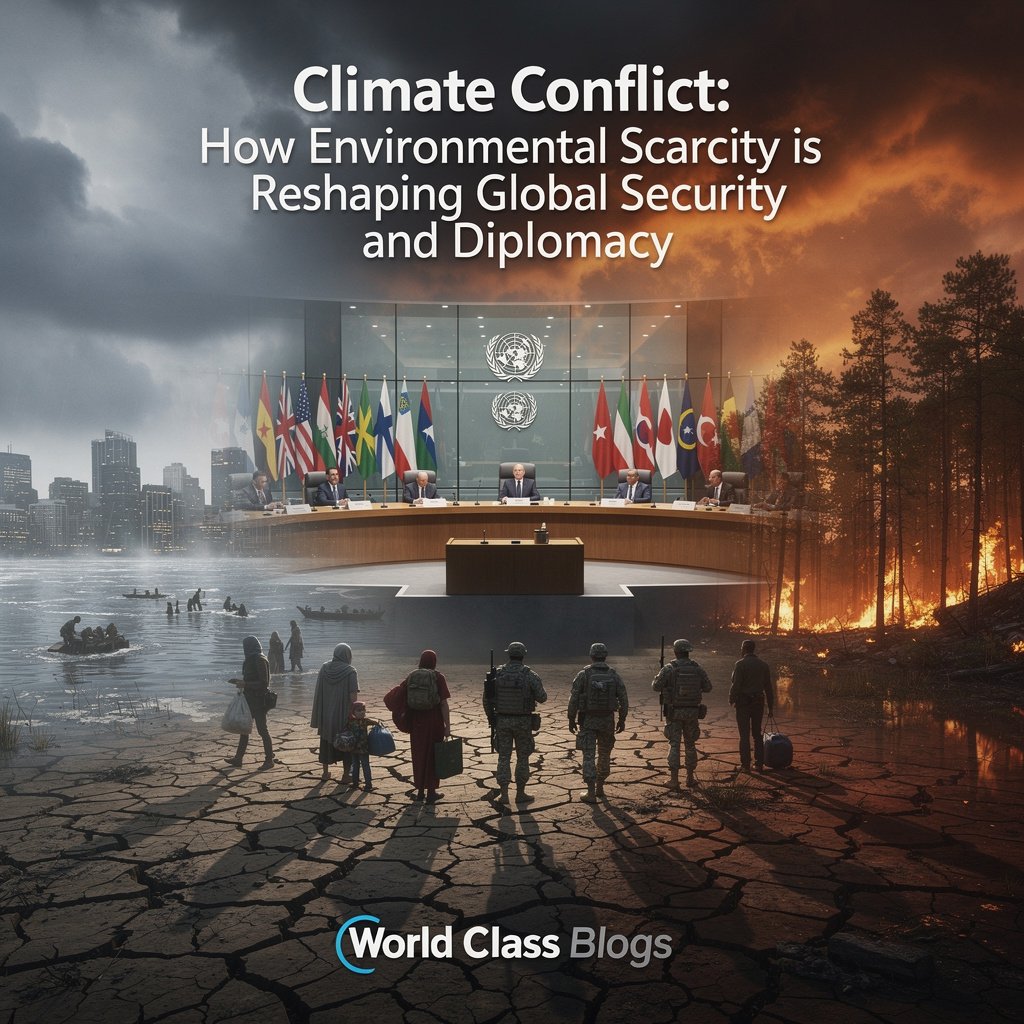 Flowchart diagram showing how climate drivers like drought lead to resource scarcity, displacement, and weakened governance, which can result in either peaceful adaptation or violent conflict depending on institutional capacity.
