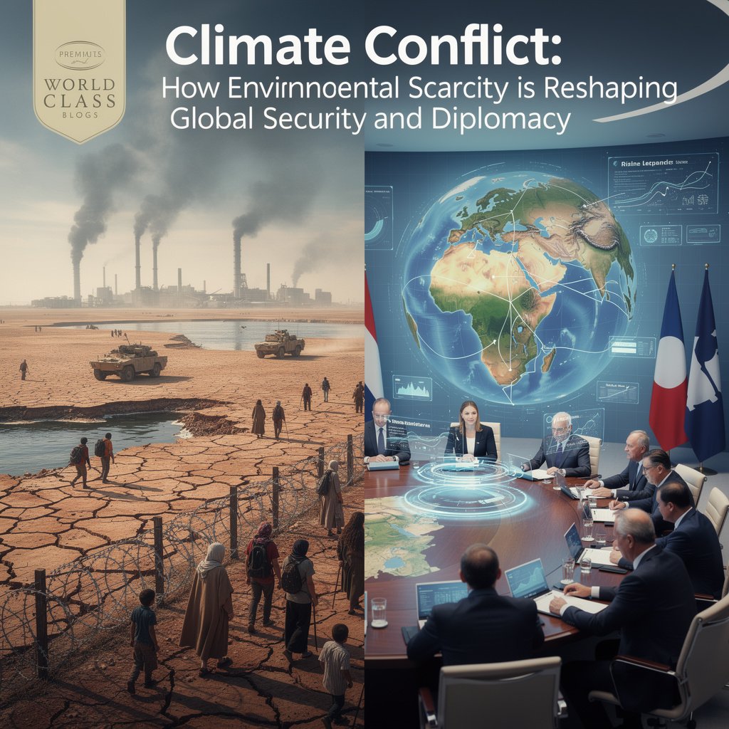 Flowchart diagram showing how climate drivers like drought lead to resource scarcity, displacement, and weakened governance, which can result in either peaceful adaptation or violent conflict depending on institutional capacity.