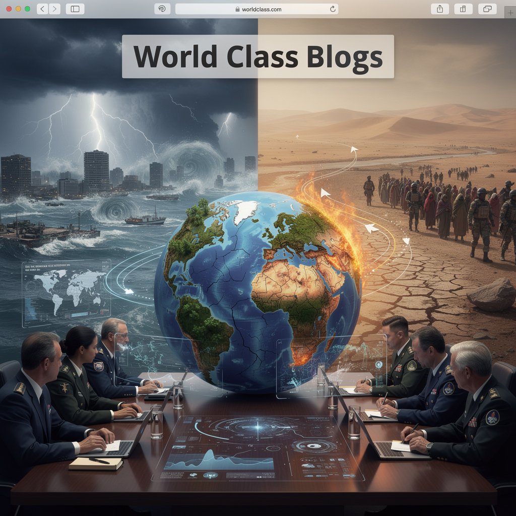 Flowchart diagram showing how climate drivers like drought lead to resource scarcity, displacement, and weakened governance, which can result in either peaceful adaptation or violent conflict depending on institutional capacity.