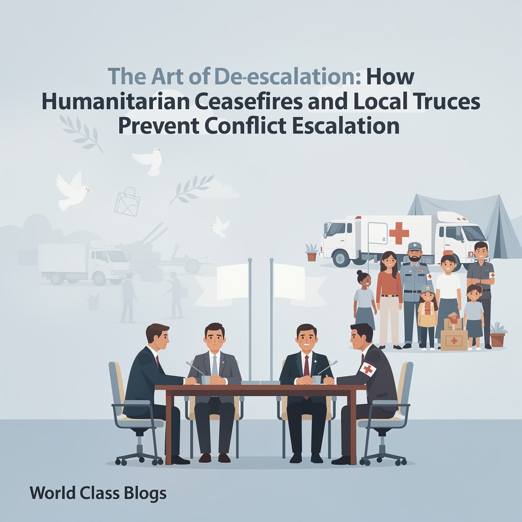 A timeline infographic showing the 5 key stages of a humanitarian ceasefire: Crisis Catalyst, Negotiation & Design, Implementation, and Post-Ceasefire outcomes.