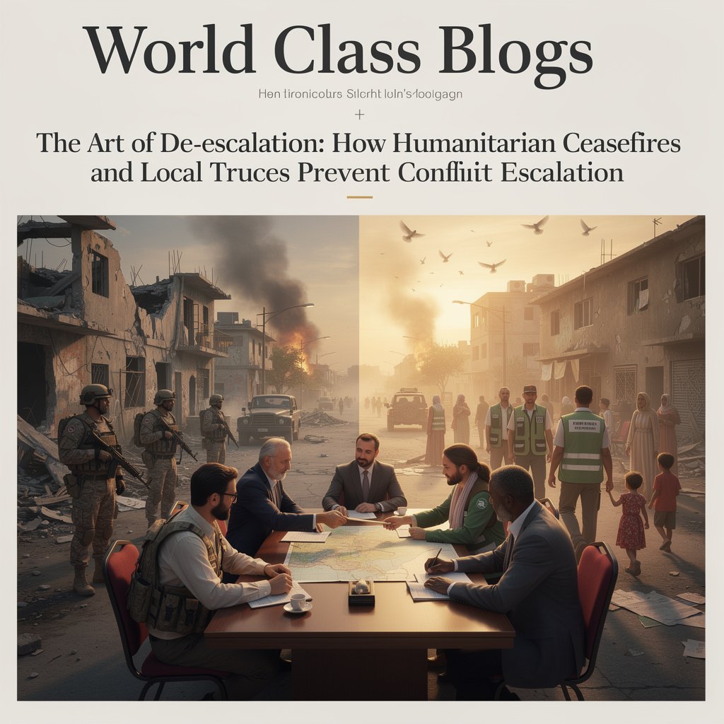 A timeline infographic showing the 5 key stages of a humanitarian ceasefire: Crisis Catalyst, Negotiation & Design, Implementation, and Post-Ceasefire outcomes.